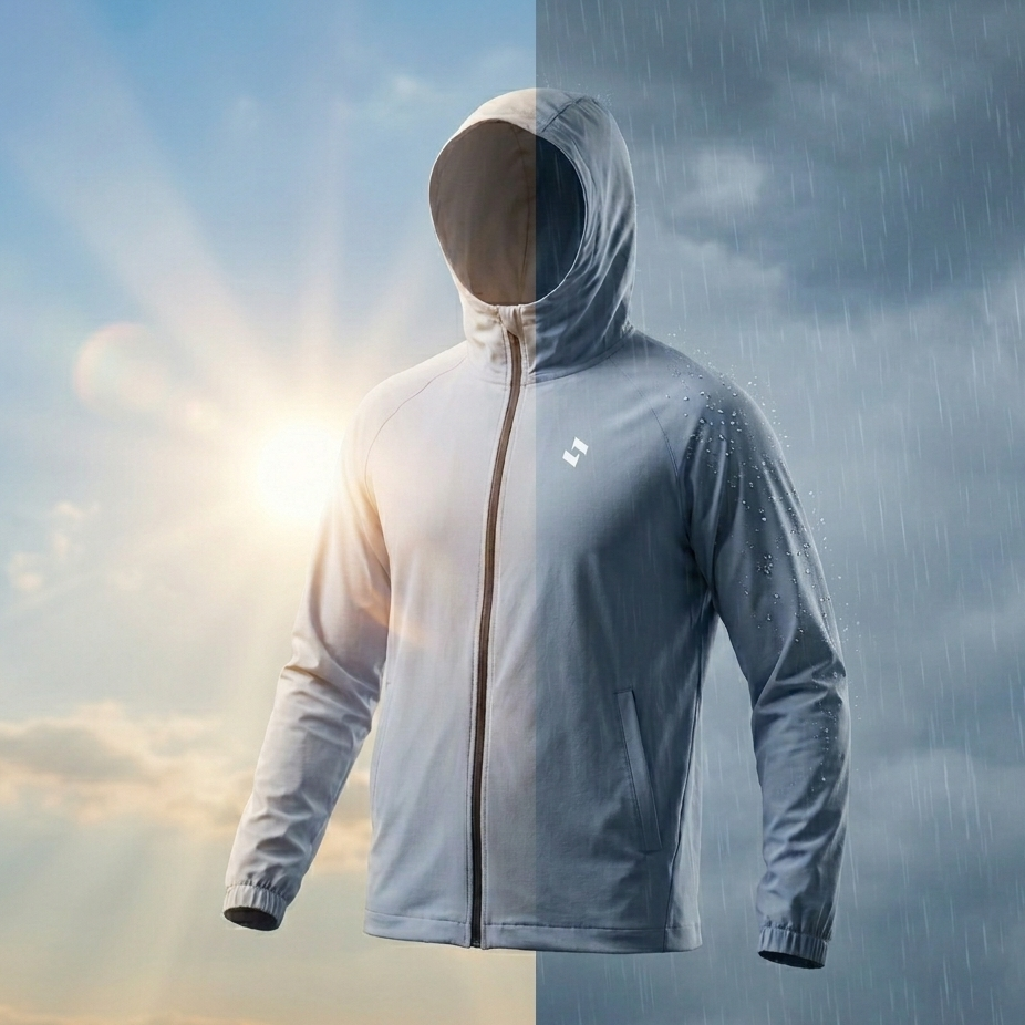 Sky blue raincoat with a sopro logo on a split background of sunlit sky and rainy clouds.