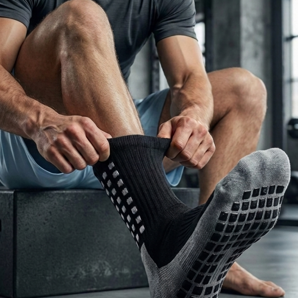 ATHLETE WEARING SOPRO BLACK GRIP SOCKS