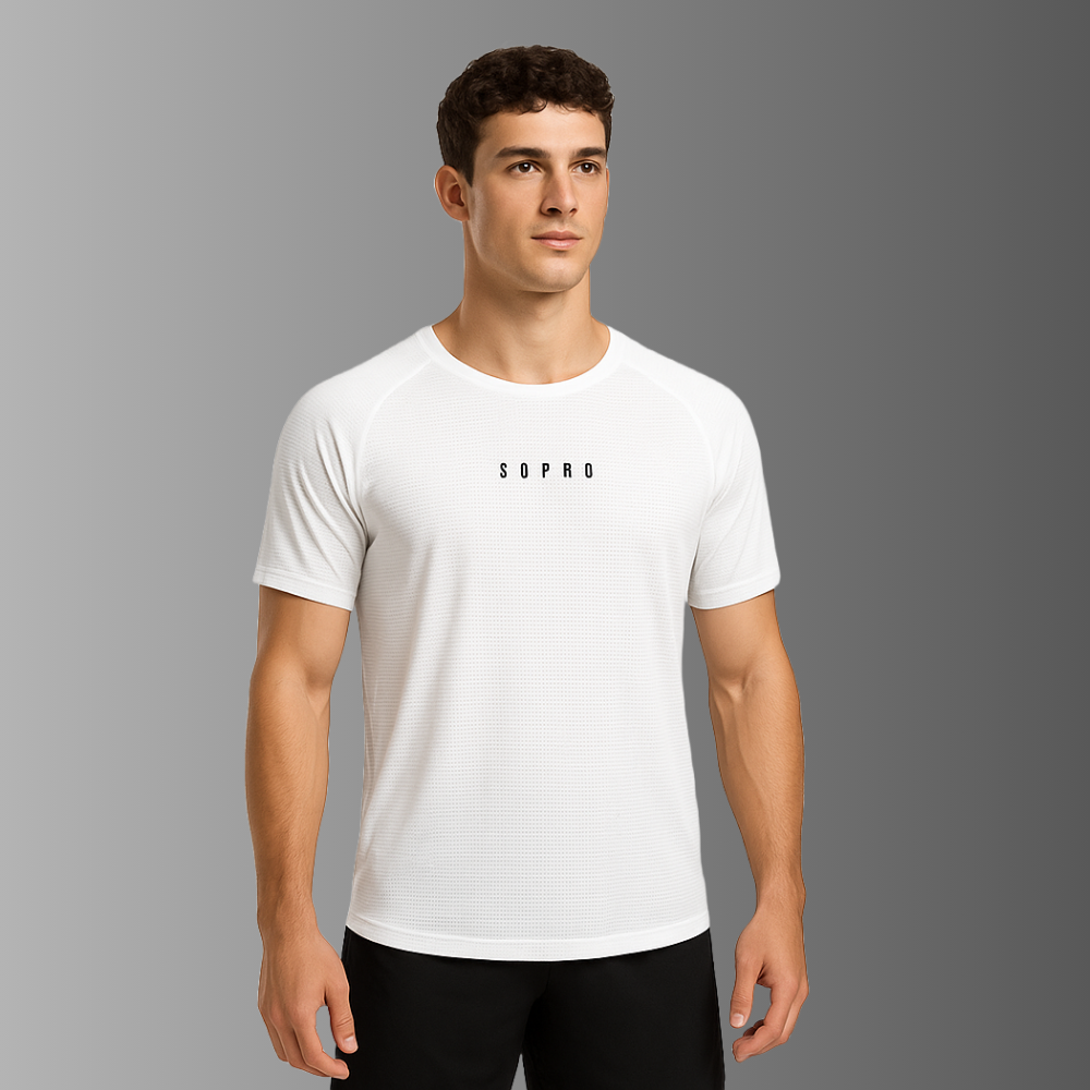 Man wearing a white t-shirt with 'SOPRO' logo on a gray background