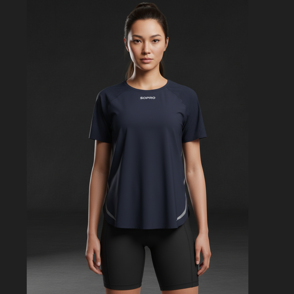 sopro athlete wearing a navy blue athletic shirt with sopro logo on a chest, with black background