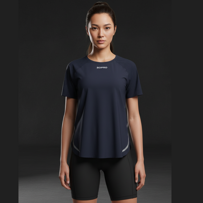 sopro athlete wearing a navy blue athletic shirt with sopro logo on a chest, with black background