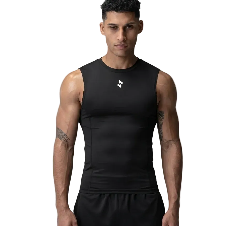 athlete wearing a sopro black sleeveless athletic shirt with a logo on a gray background