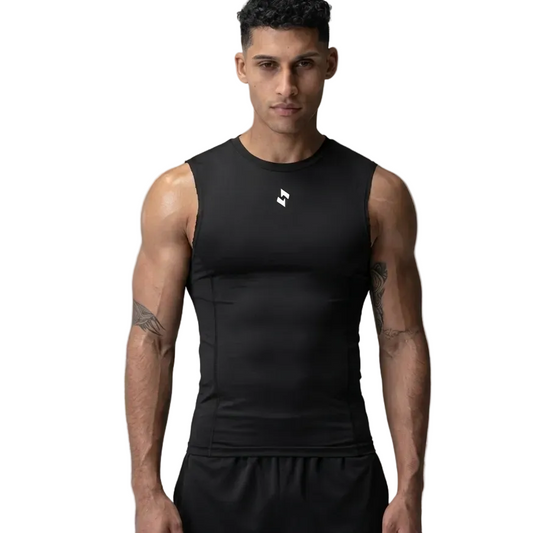 athlete wearing a sopro black sleeveless athletic shirt with a logo on a gray background