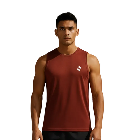 A man wearing a sleeveless athletic tank top in a deep rust red color, featuring a small white logo on the left chest, set against a plain white background.