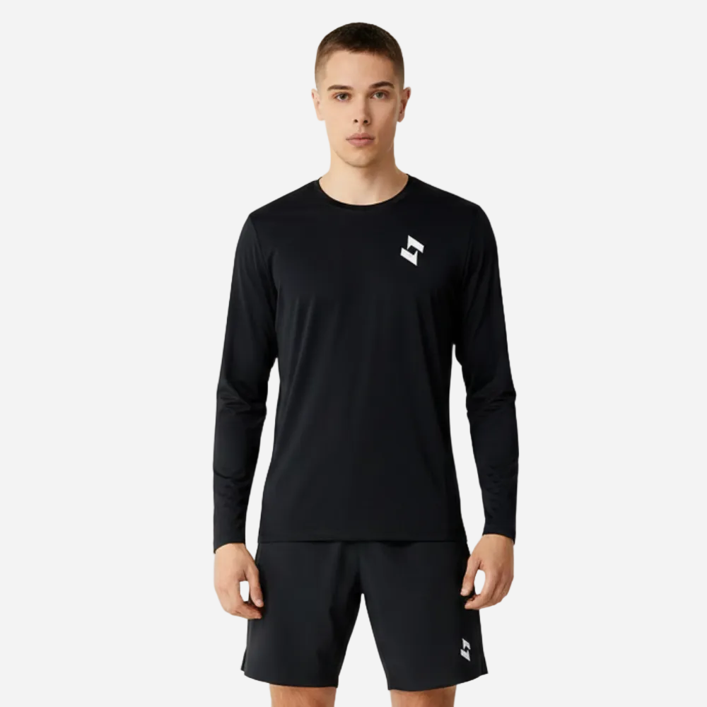 athlete wearing a black long-sleeve shirt and shorts with a sopro logo on a gray background