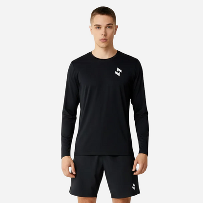 athlete wearing a black long-sleeve shirt and shorts with a sopro logo on a gray background
